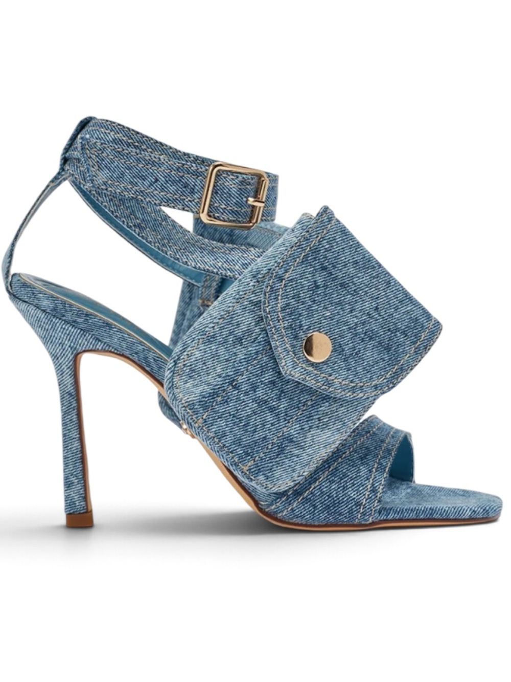 NWT AKIRA GOLD KERSHAW DENIM POCKET STILETTO STRAP SANDAL